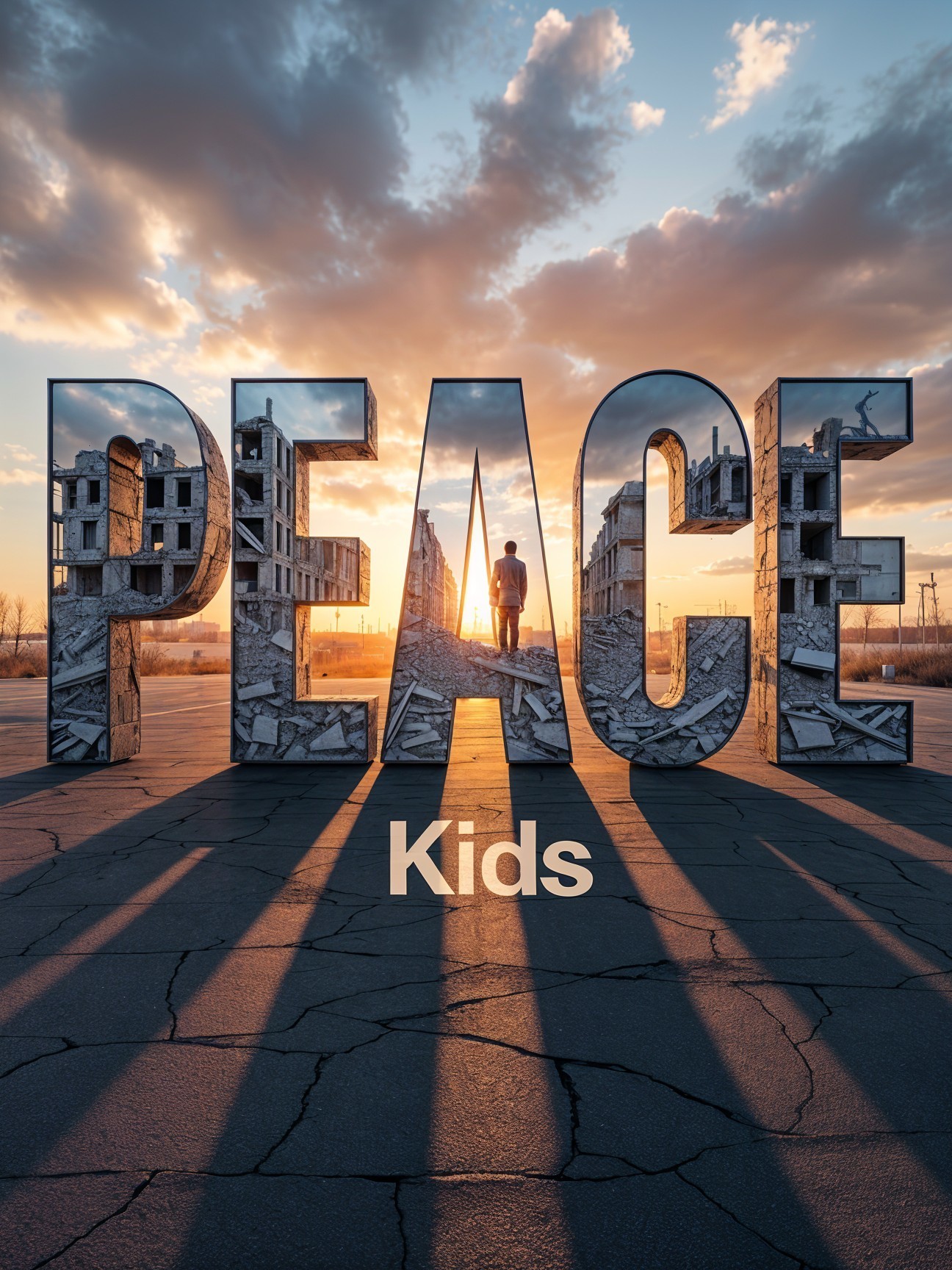 Sunset Over Desolate Landscape with "PEACE" Letters