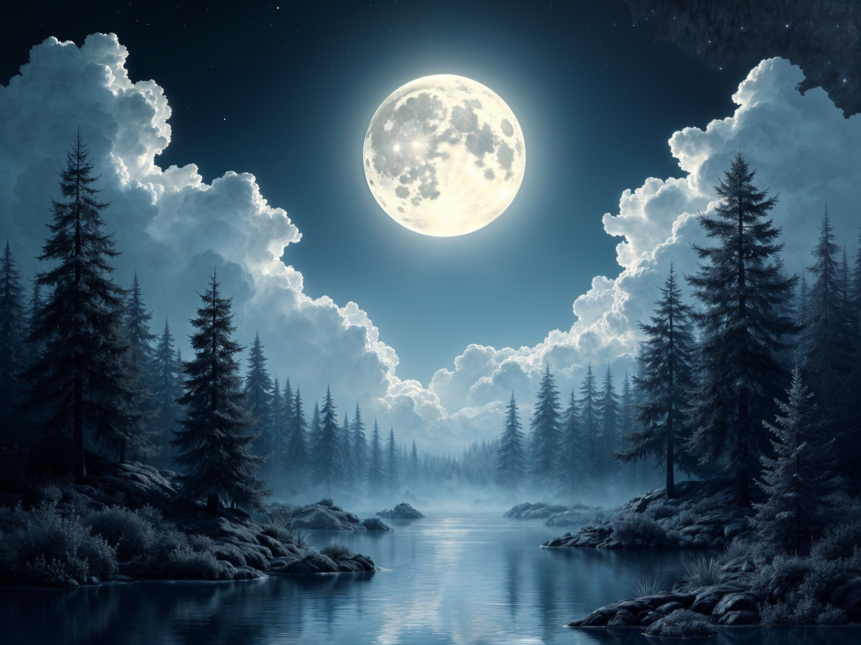 Serene Night Landscape with Full Moon and River