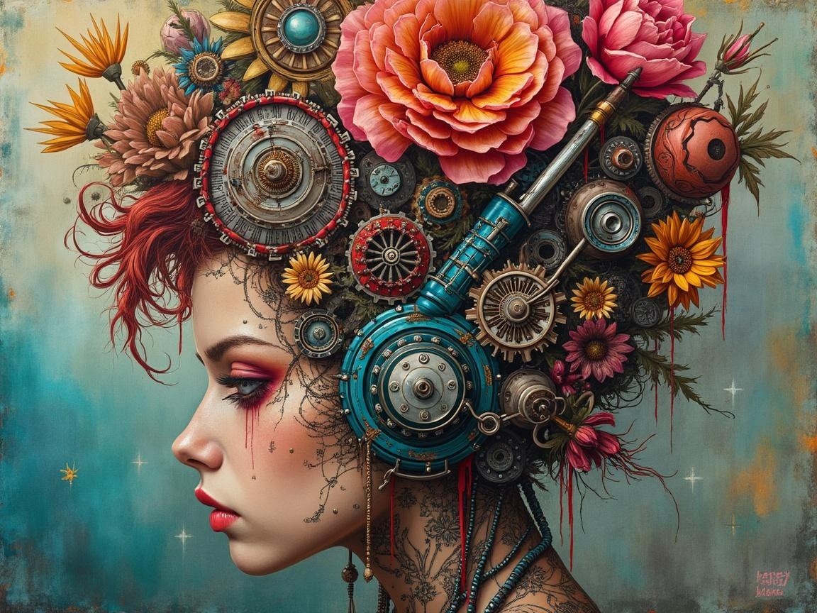 Surreal Profile of Woman with Flowers and Mechanics