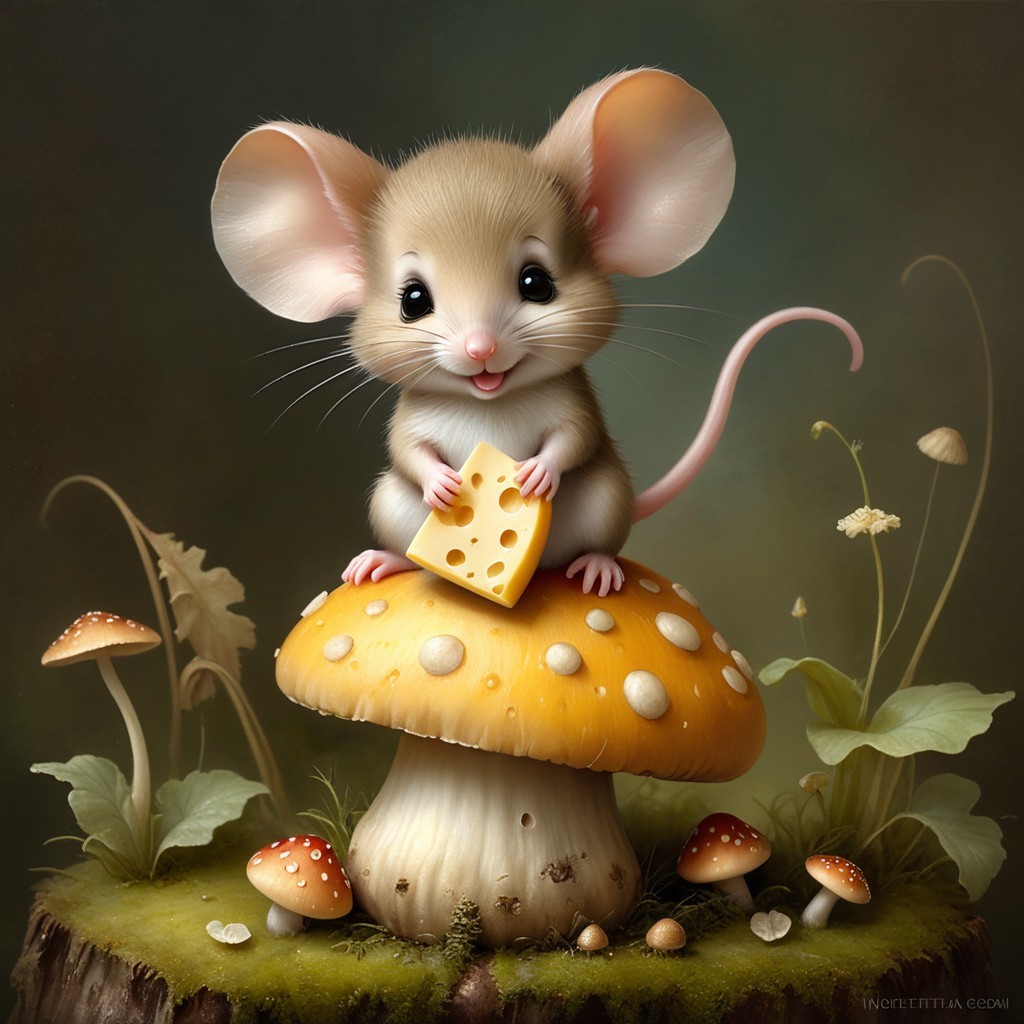 Cartoon Mouse on Yellow Mushroom in Enchanted Forest