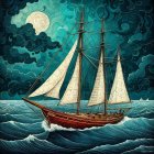 Sailing Ship in Vibrant Waves Under Mystical Night Sky
