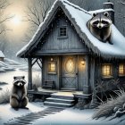 Snowy Cabin at Dusk with Raccoon in Foreground
