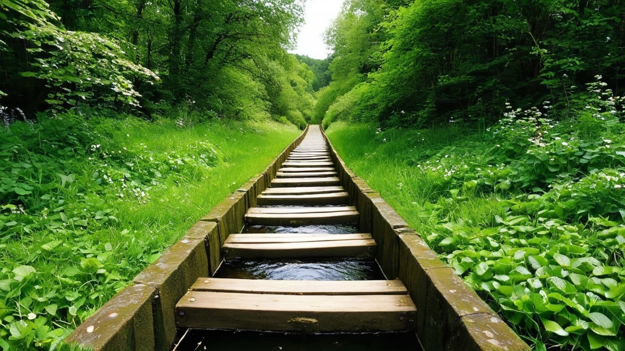 Wooden Pathway Through Lush Greenery and Water