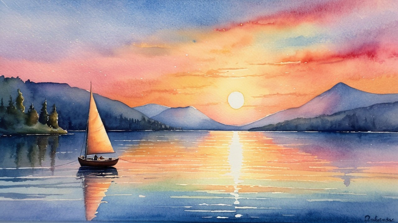 Watercolor Painting of Serene Lakeside at Sunset