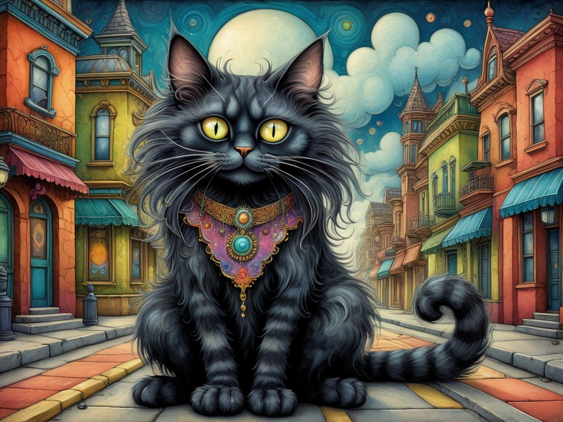 Majestic Black Cat in Whimsical Street Scene