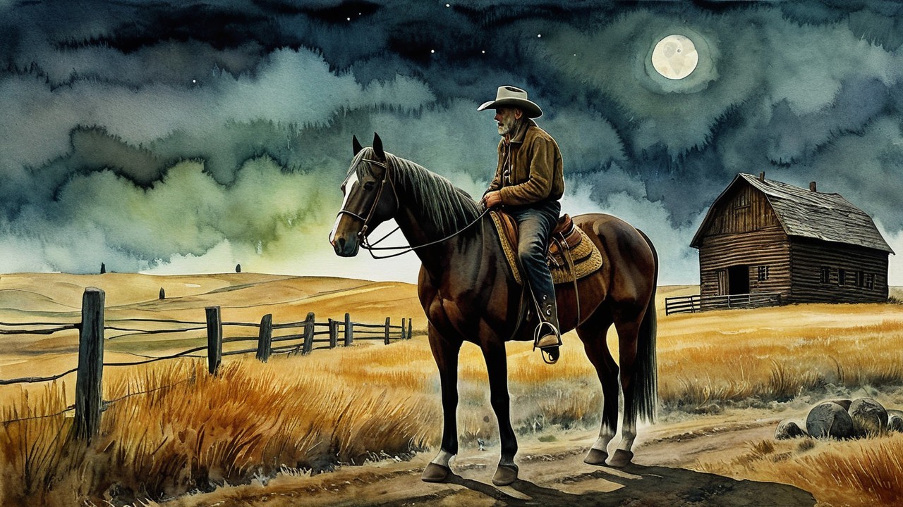 Solitary Cowboy Under Starry Night with Full Moon