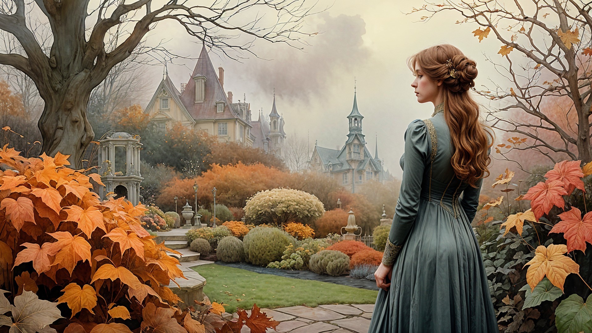 Autumn Garden Scene with Young Woman and Mansion