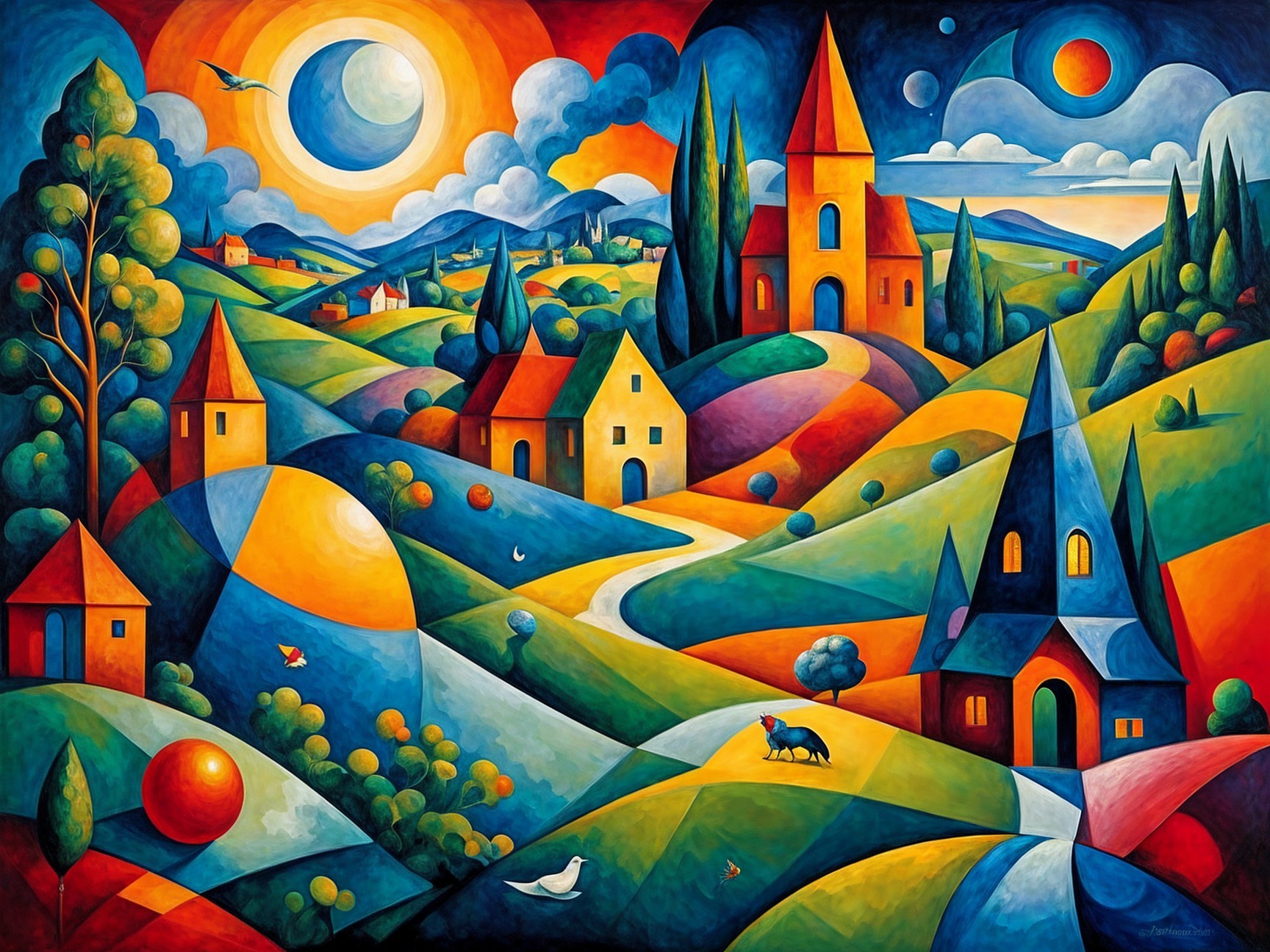 Vibrant Landscape with Geometric Houses and Nature Elements