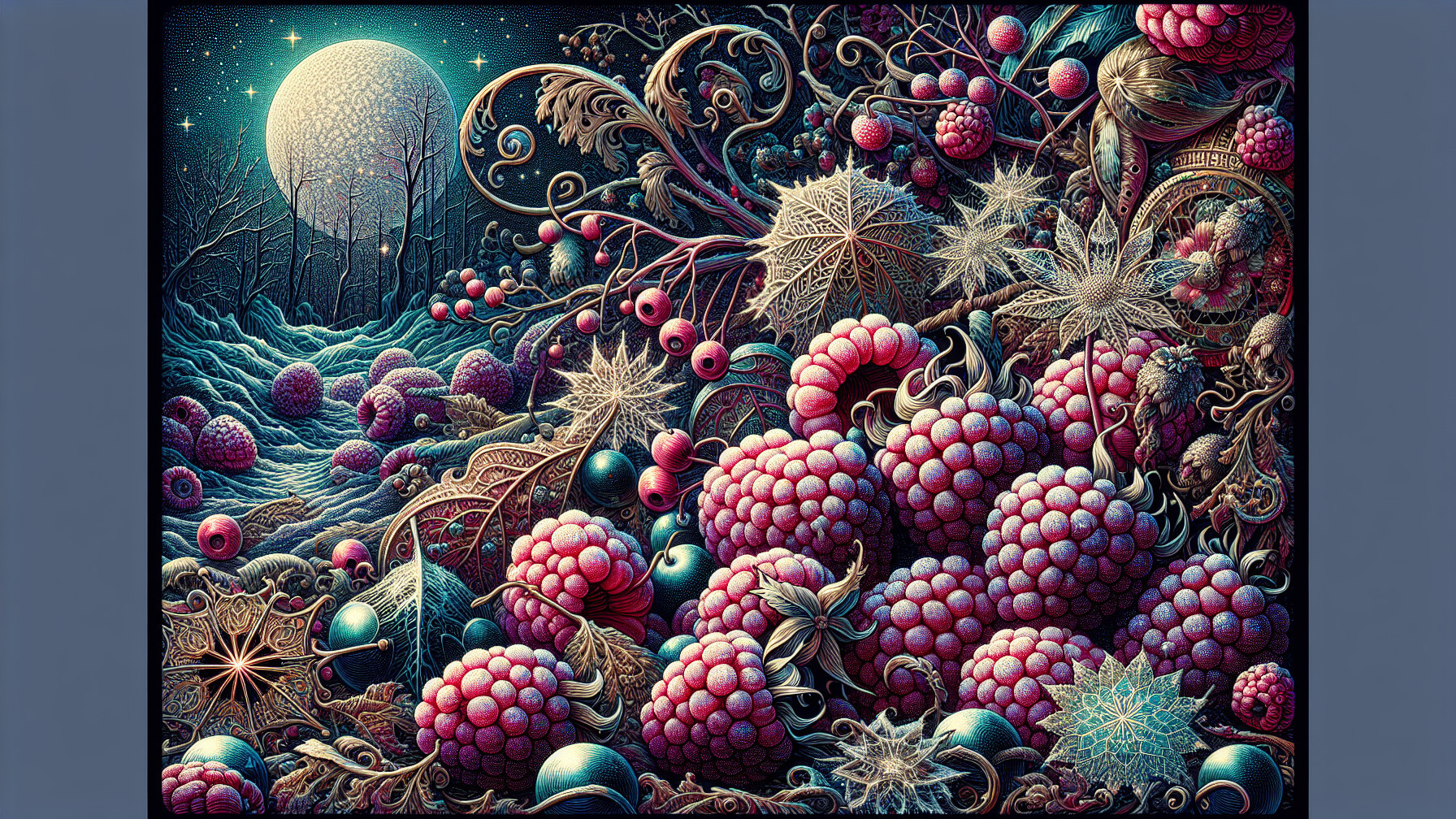 Surreal Landscape of Raspberries and Moonlight