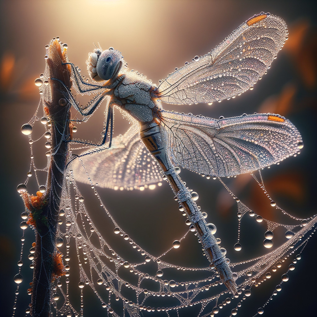 Delicate dragonfly on twig with shimmering water droplets