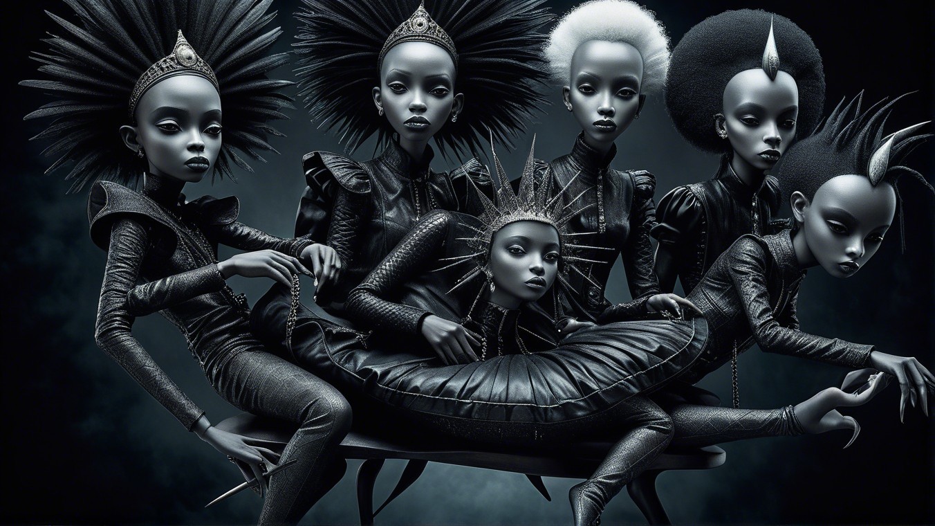 Elegant Dolls in Dark Fashion with Dramatic Hairstyles