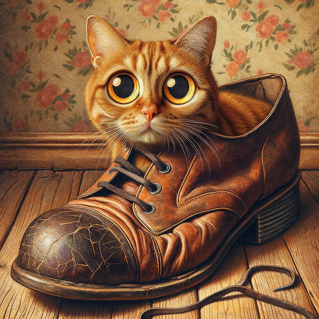 Ginger Cat in Leather Shoe on Wooden Floor