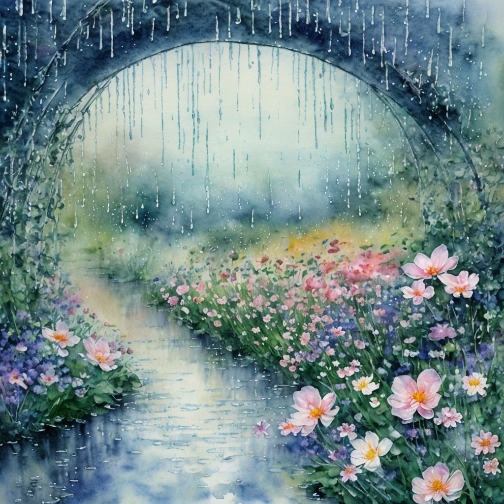 Watercolor of Arched Bridge Over Flowing Stream