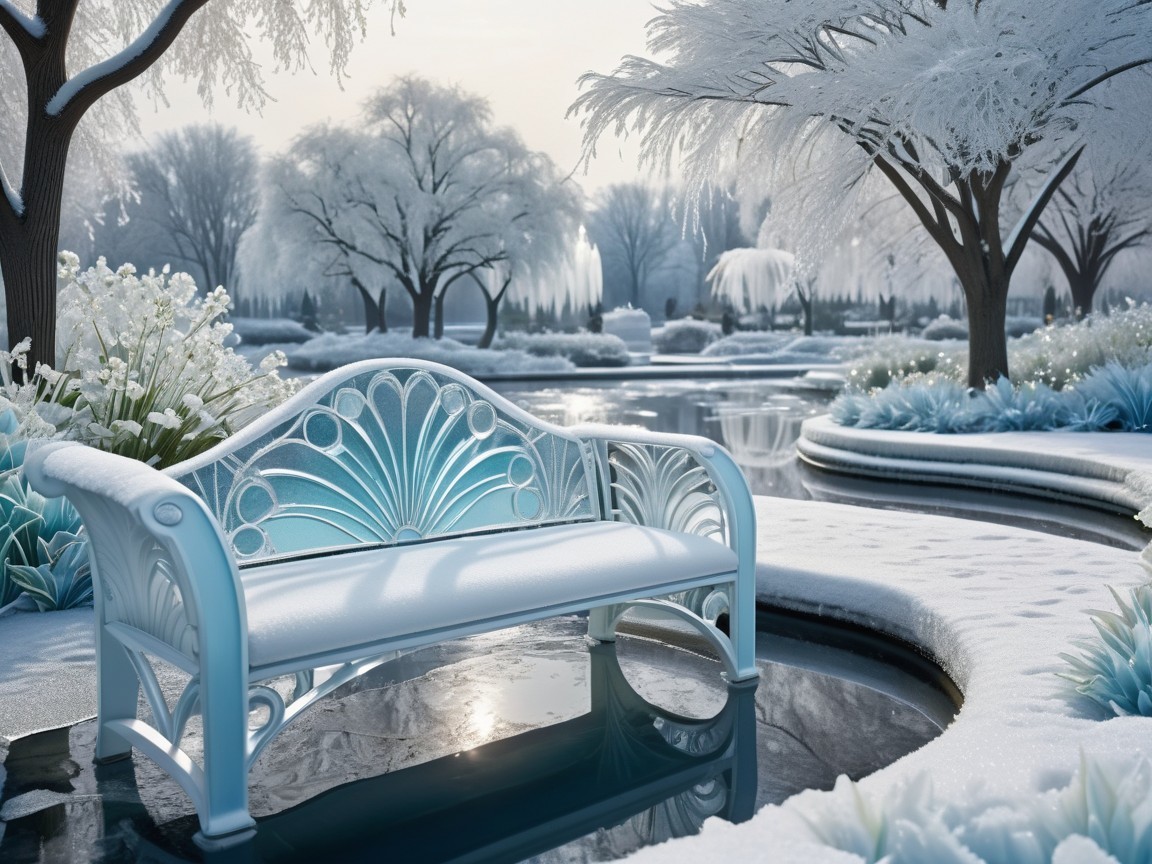 Snowy Park Scene with Ornate Bench and Water Reflection