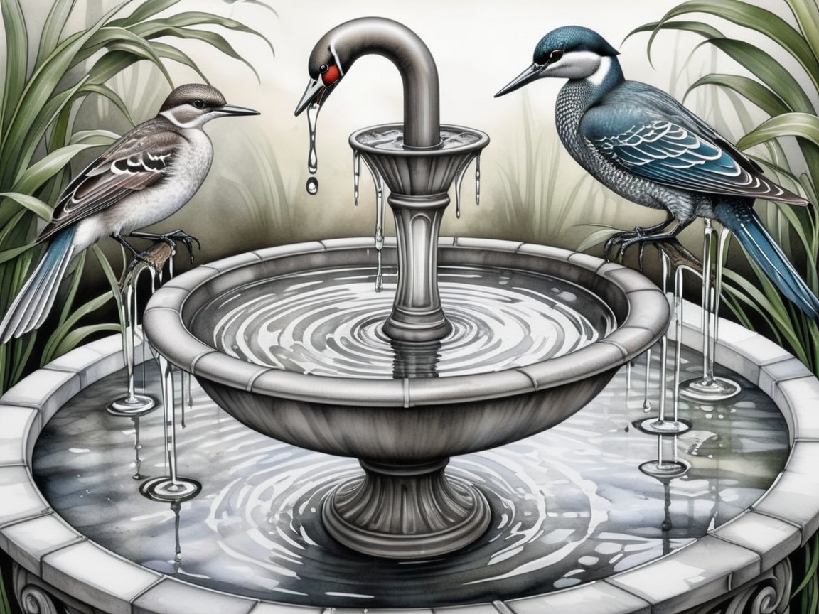 Illustrated Fountain with Birds and Lush Foliage