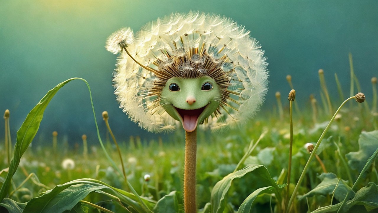 Whimsical Character with Dandelion and Creature Features