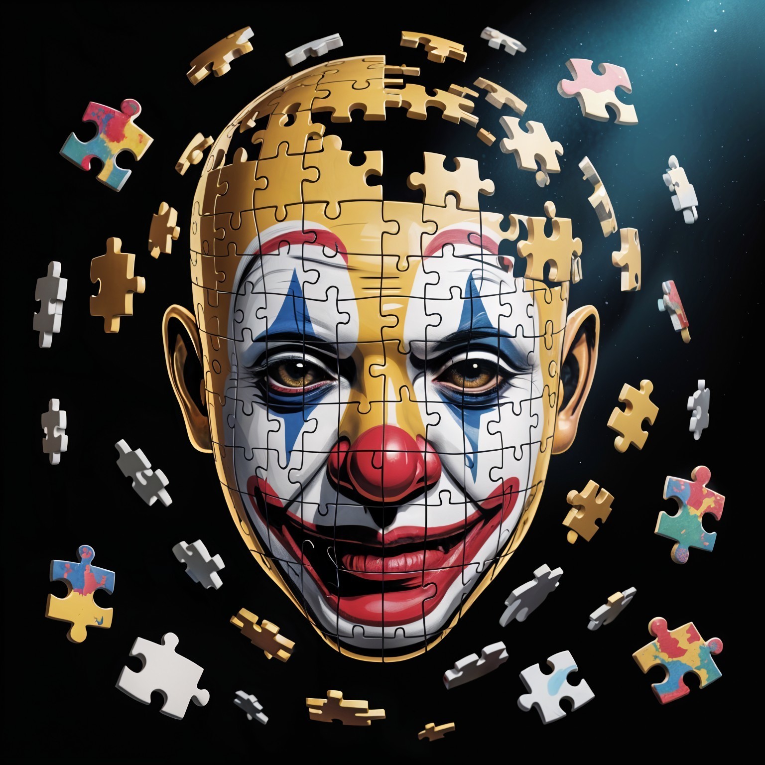 Clown Face with Bright Makeup and Puzzle Pieces