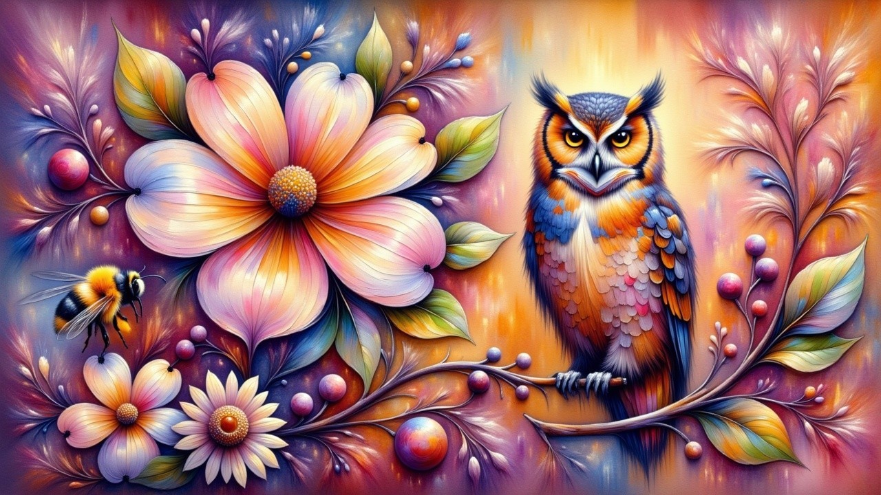 Majestic Colorful Owl in Whimsical Fantasy Art