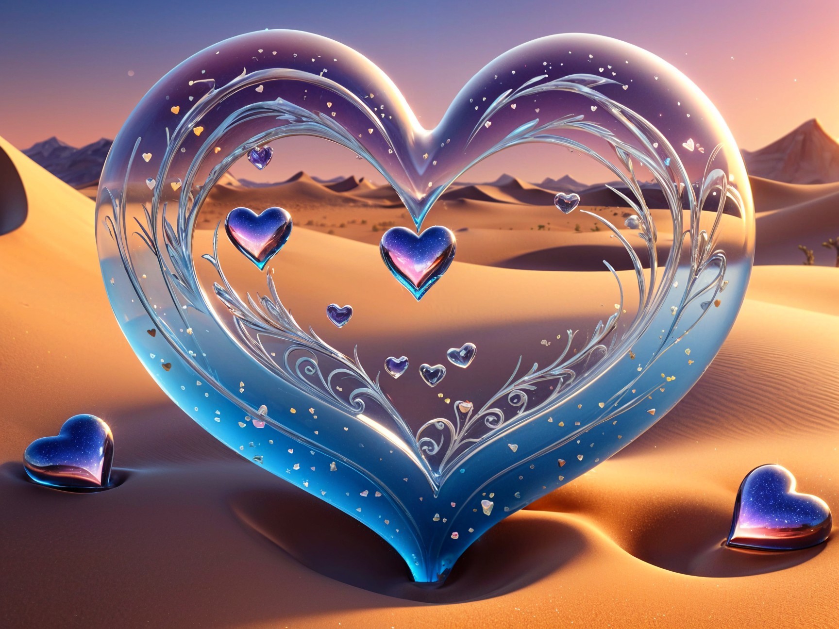 Transparent heart sculpture in a desert sunset landscape