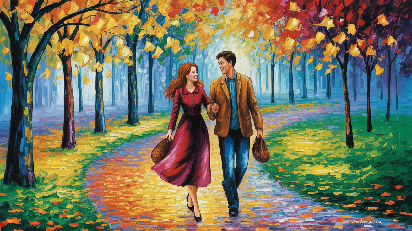 Couple Walking Through Colorful Autumn Foliage Path