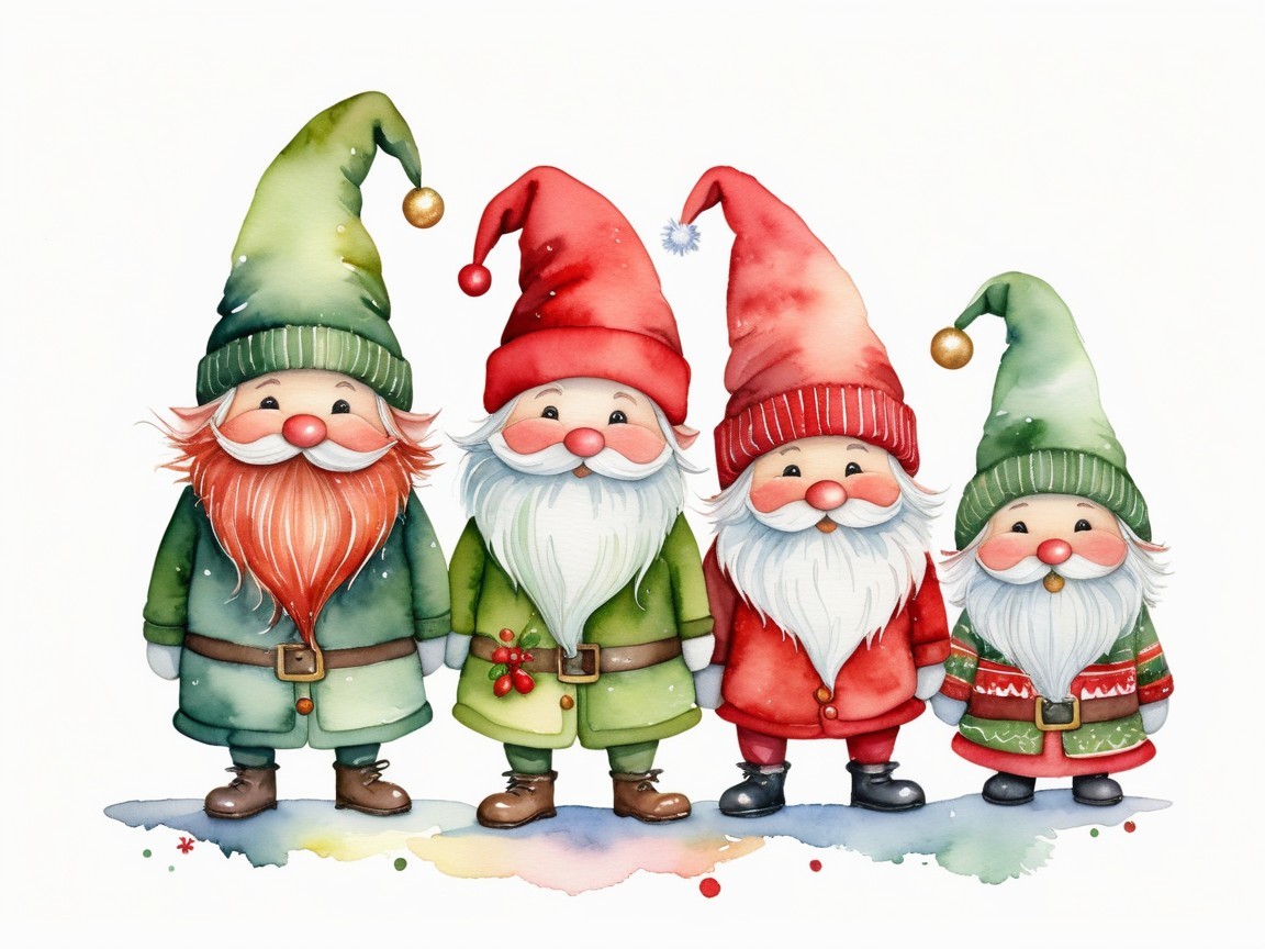 Whimsical Illustration of Cheerful Holiday Gnomes
