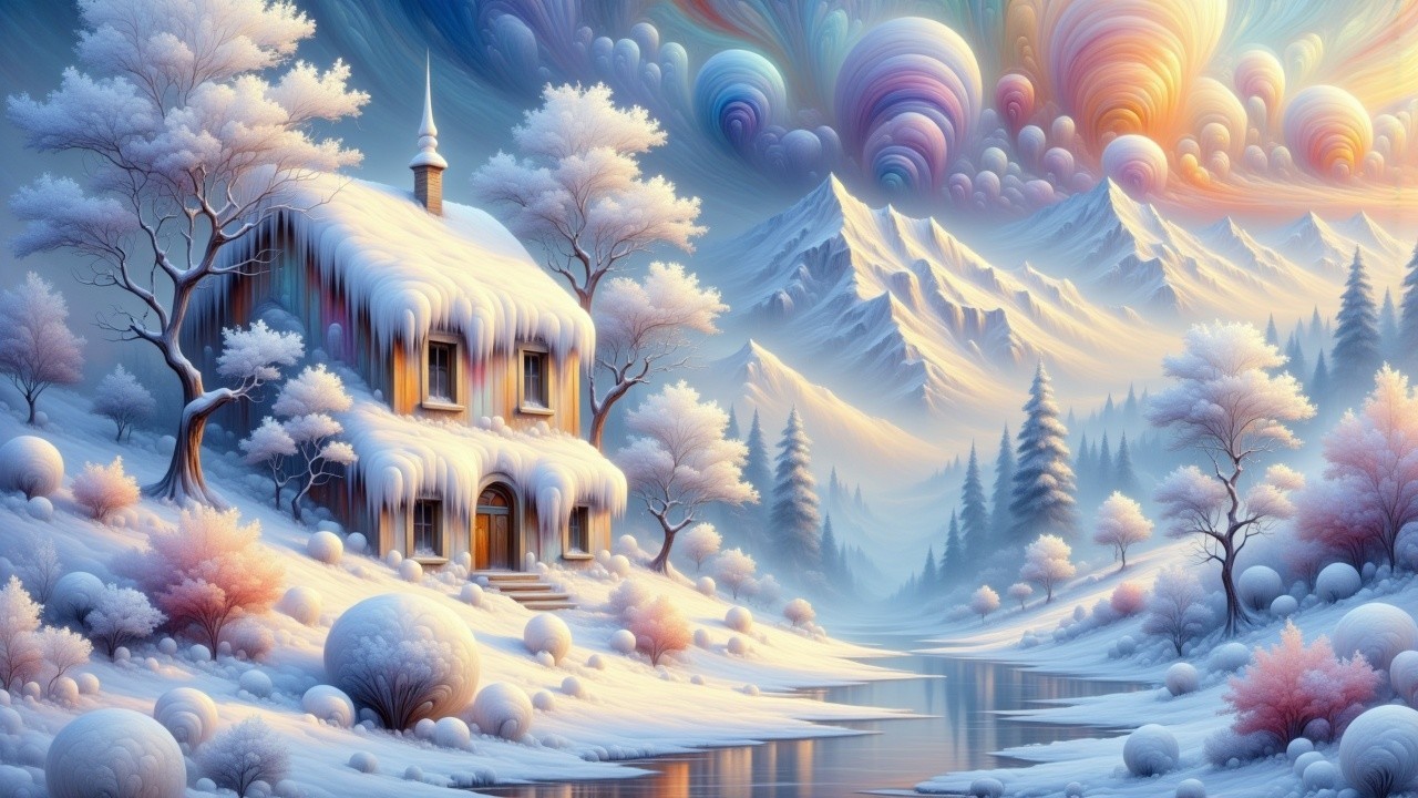 Serene Winter Landscape with Snow-Covered Cottage