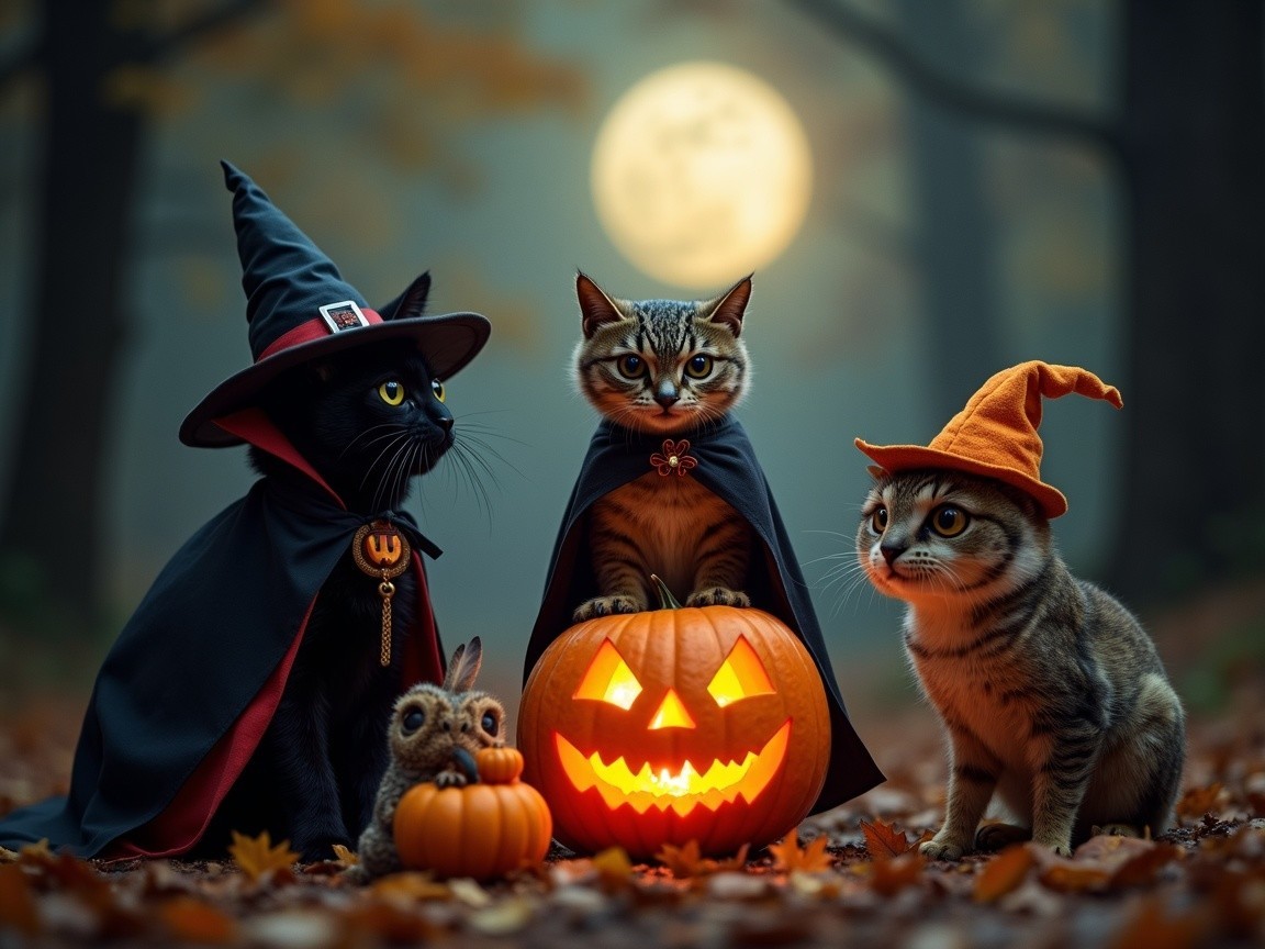 Cats in Costumes Gather by Jack-o'-Lantern in Forest