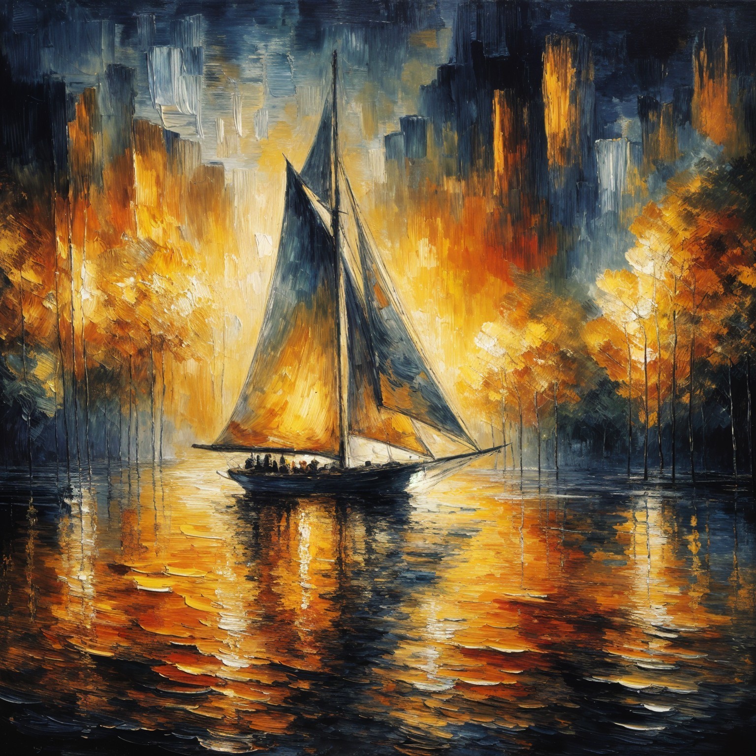 Vibrant Oil Painting of Sailboat on Dusk Lake