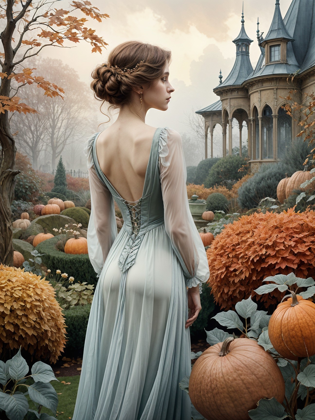 Young Woman in Elegant Gown in Autumn Garden Setting