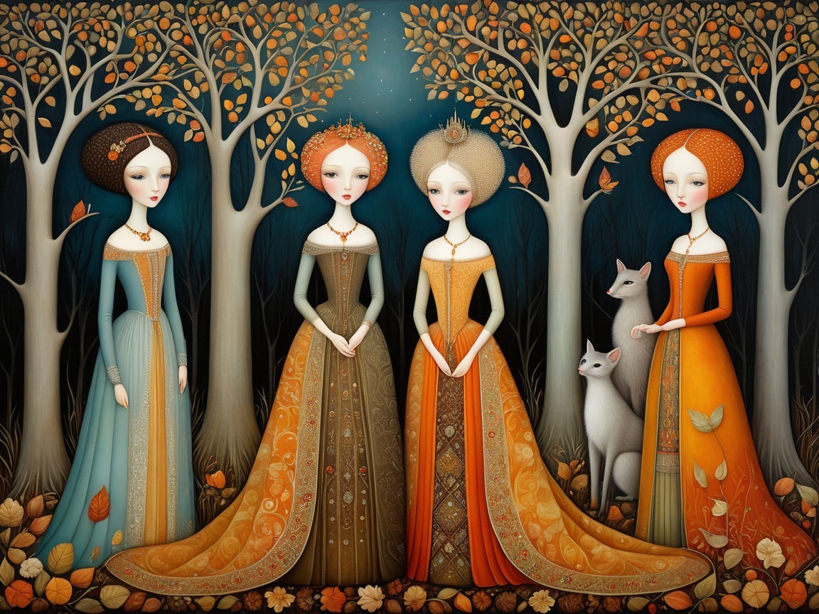 Elegant Women in Autumn Forest with Golden Leaves