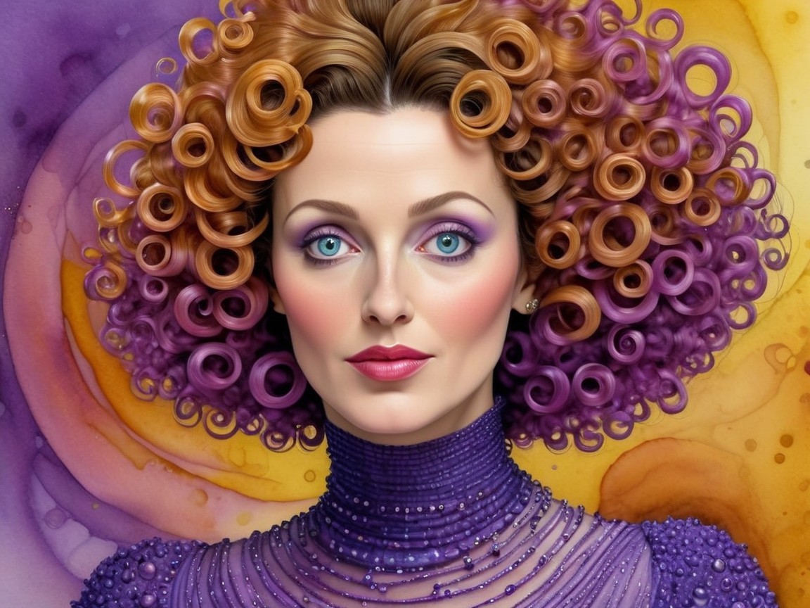 Elegant woman with vibrant curls and purple outfit