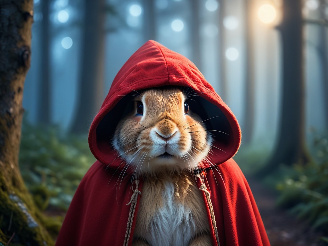Curious Rabbit in Misty Forest with Red Cloak