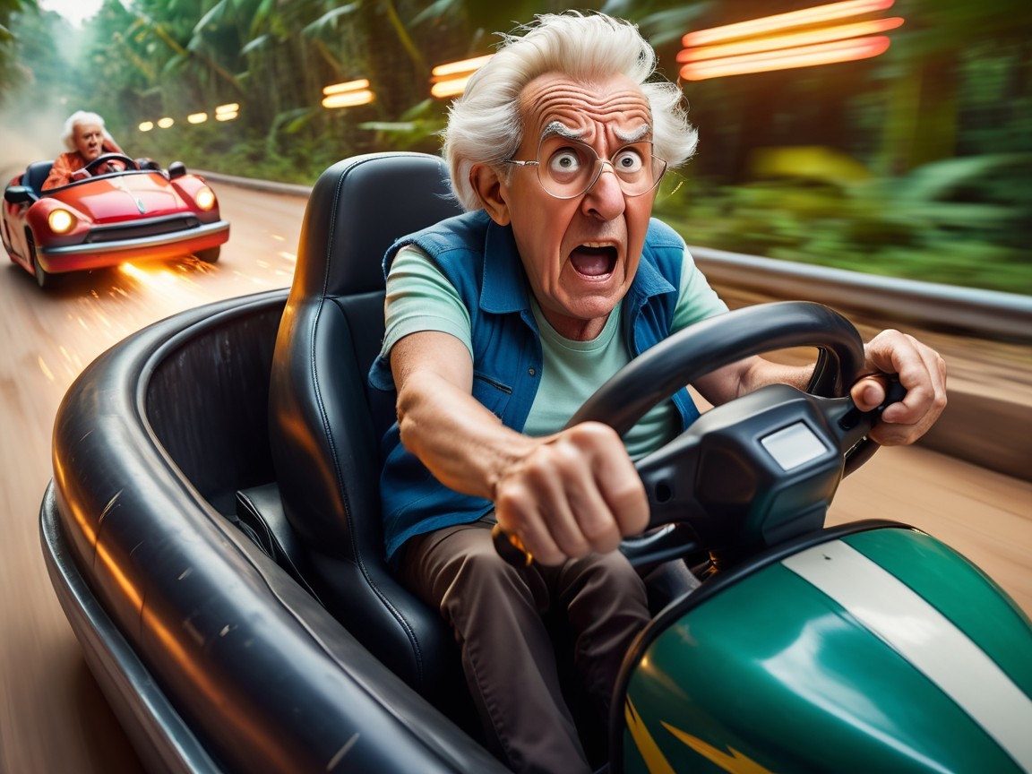 Elderly Man Racing a Go-Kart on Vibrant Track