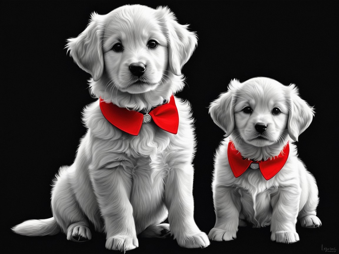 Golden retriever puppies with red bow ties on black