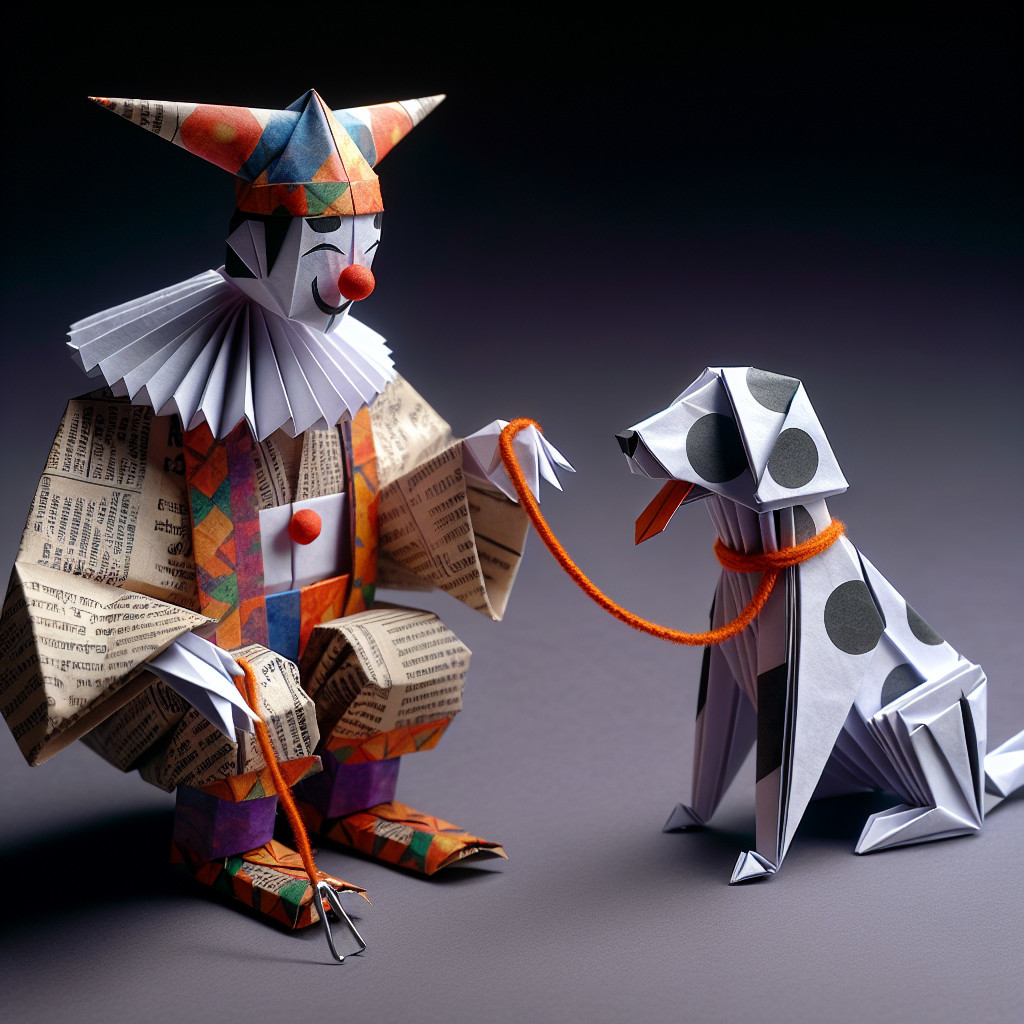 Whimsical Origami Scene of Clown and Playful Dog