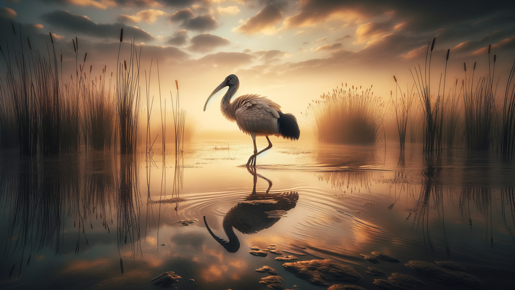 Dawn Scene with Bird Wading in Calm Waters