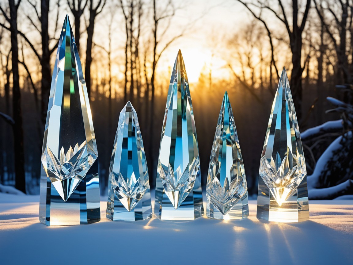 Crystal Prisms Against Sunset and Snowy Ground
