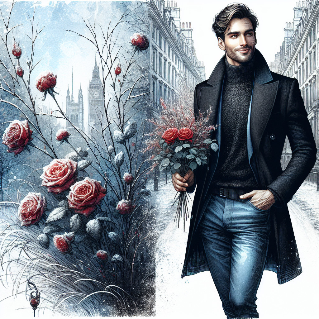 Handsome man with flowers in snowy urban setting