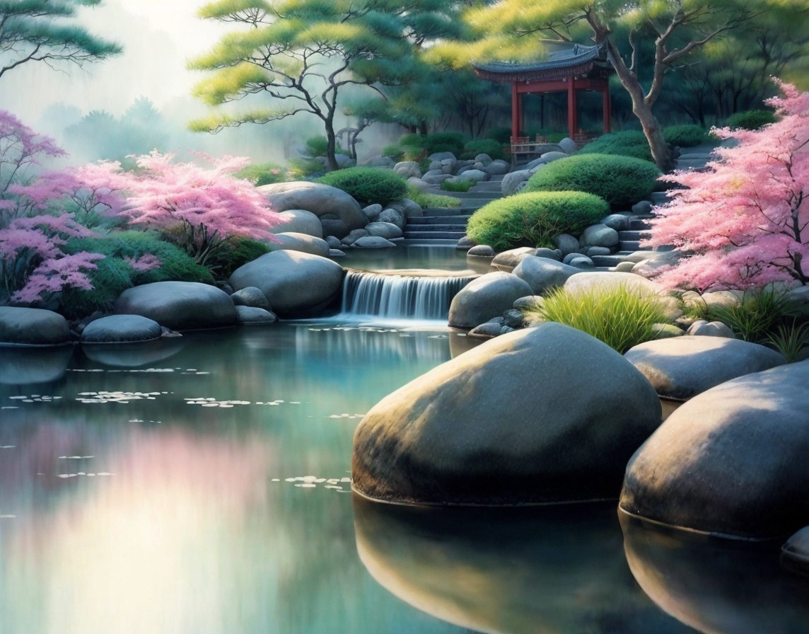 Tranquil Pond Landscape with Cherry Blossoms and Pavilion