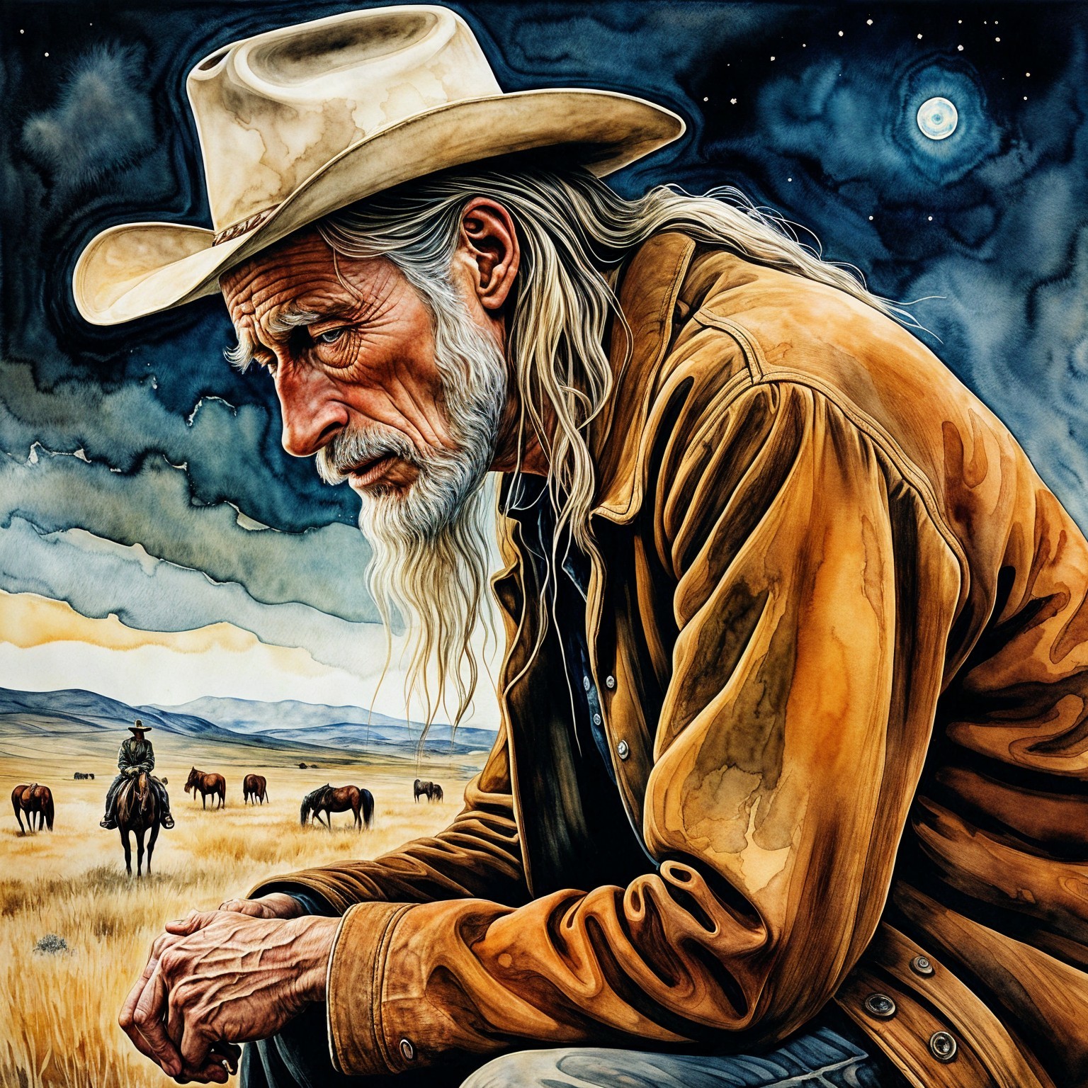 Weathered Cowboy in Open Landscape with Grazing Horses