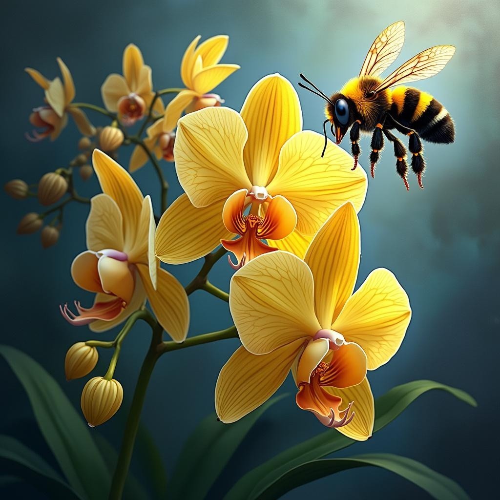 Close-Up of Vibrant Yellow Orchids with Bee Nearby