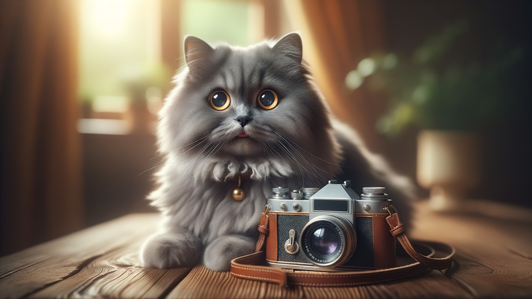 Fluffy Gray Cat and Vintage Camera in Cozy Light