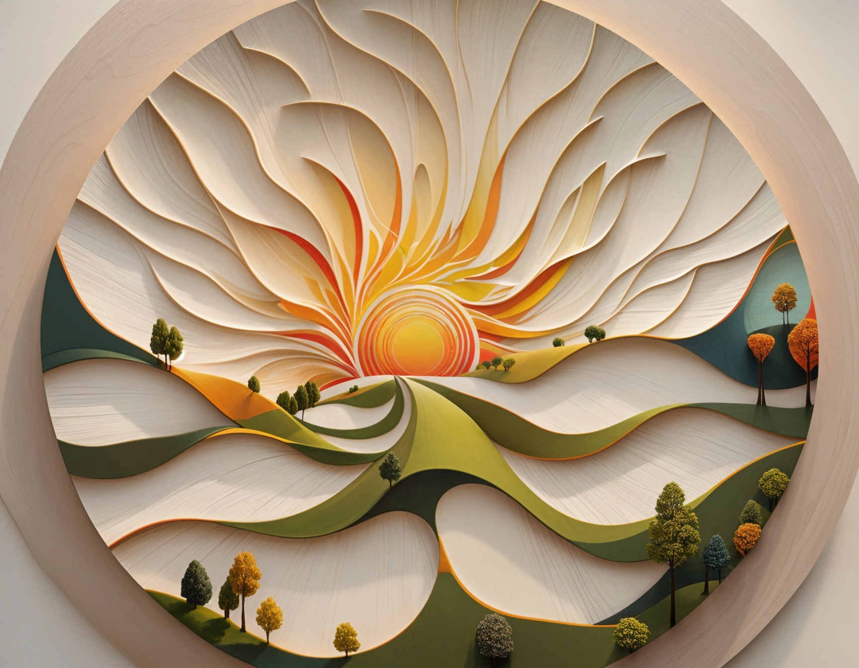Paper Art Depicting Sunrise Over Stylized Landscape