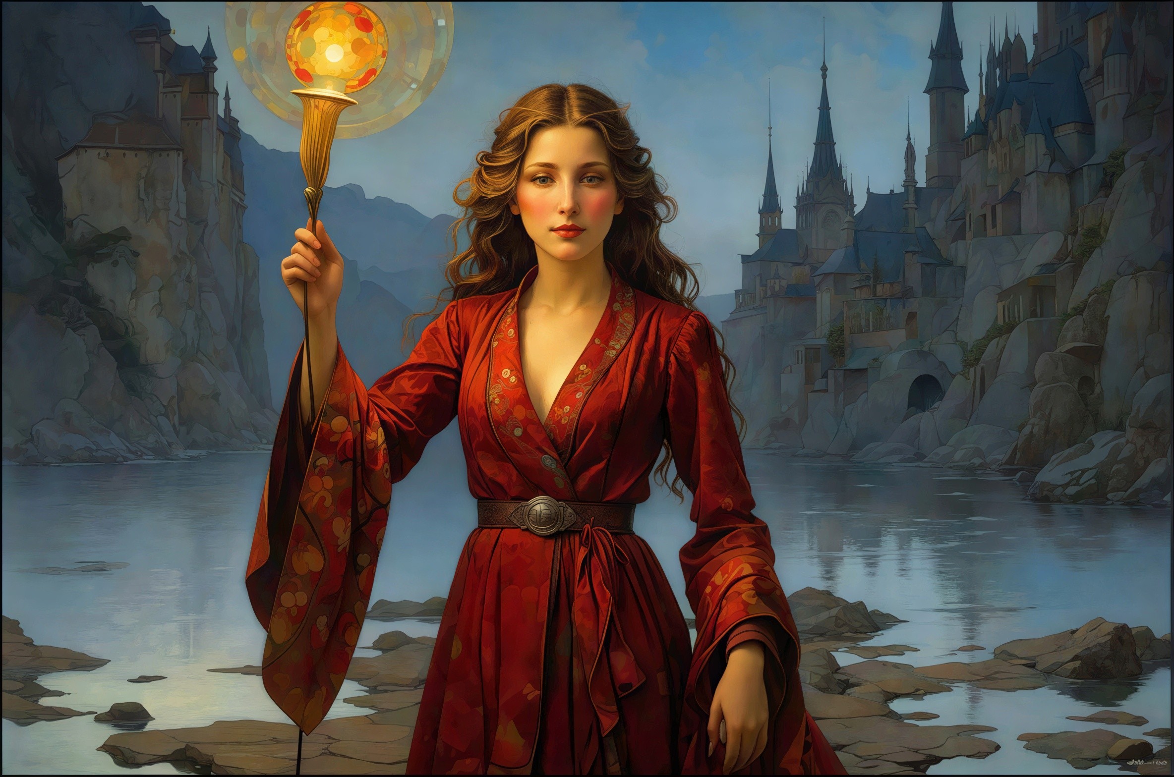 Woman in Red Dress with Orb by Water and Castle