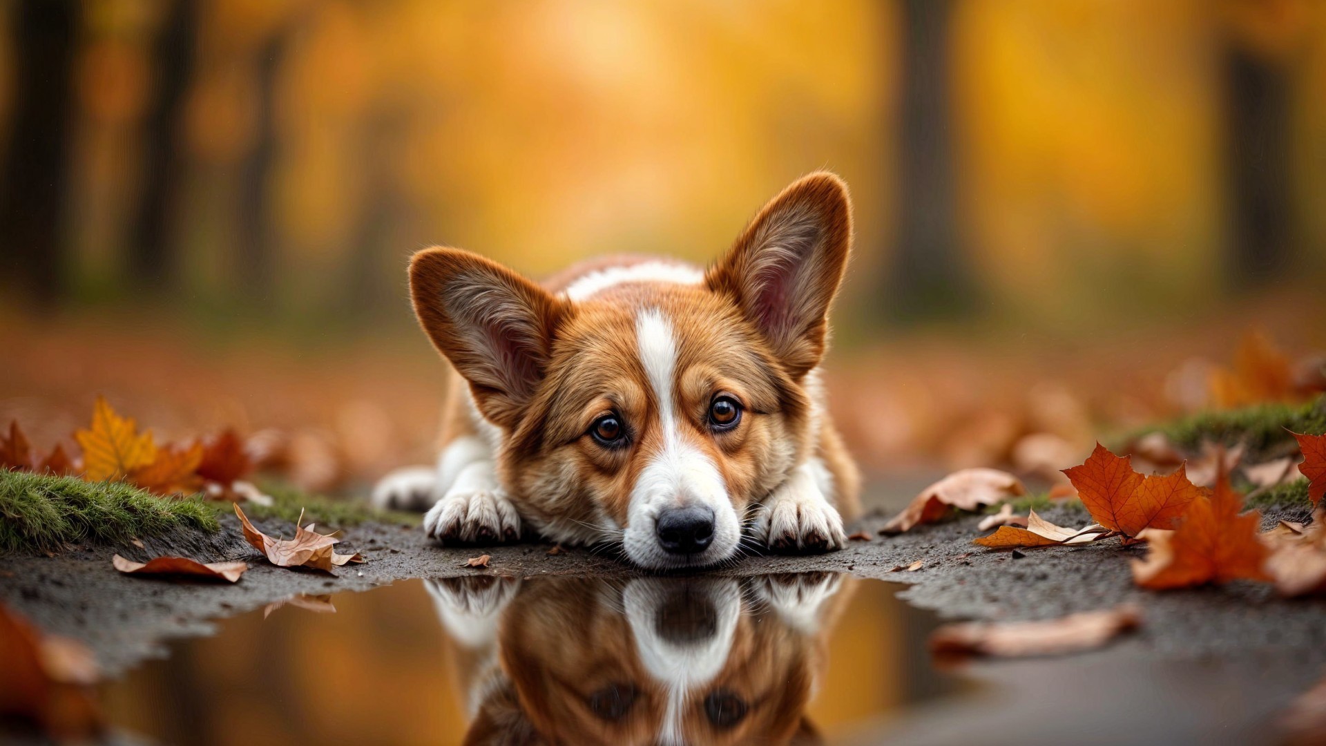 Corgi by Puddle Amidst Autumn Leaves and Light