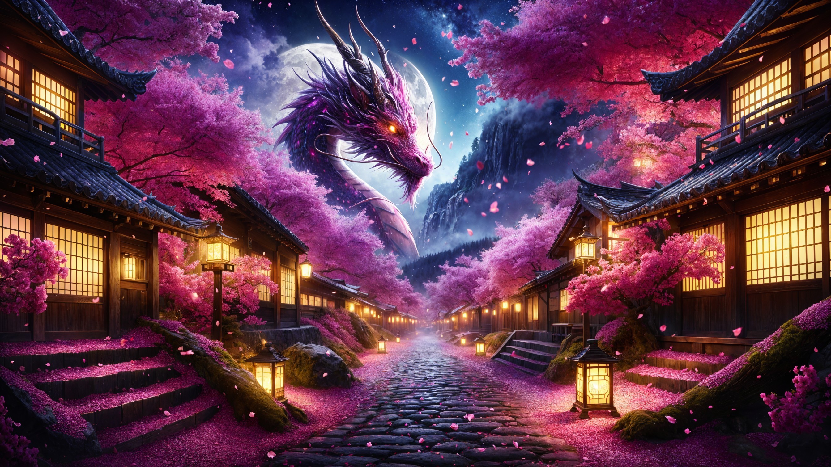 Serene village with cherry blossoms and a dragon at night