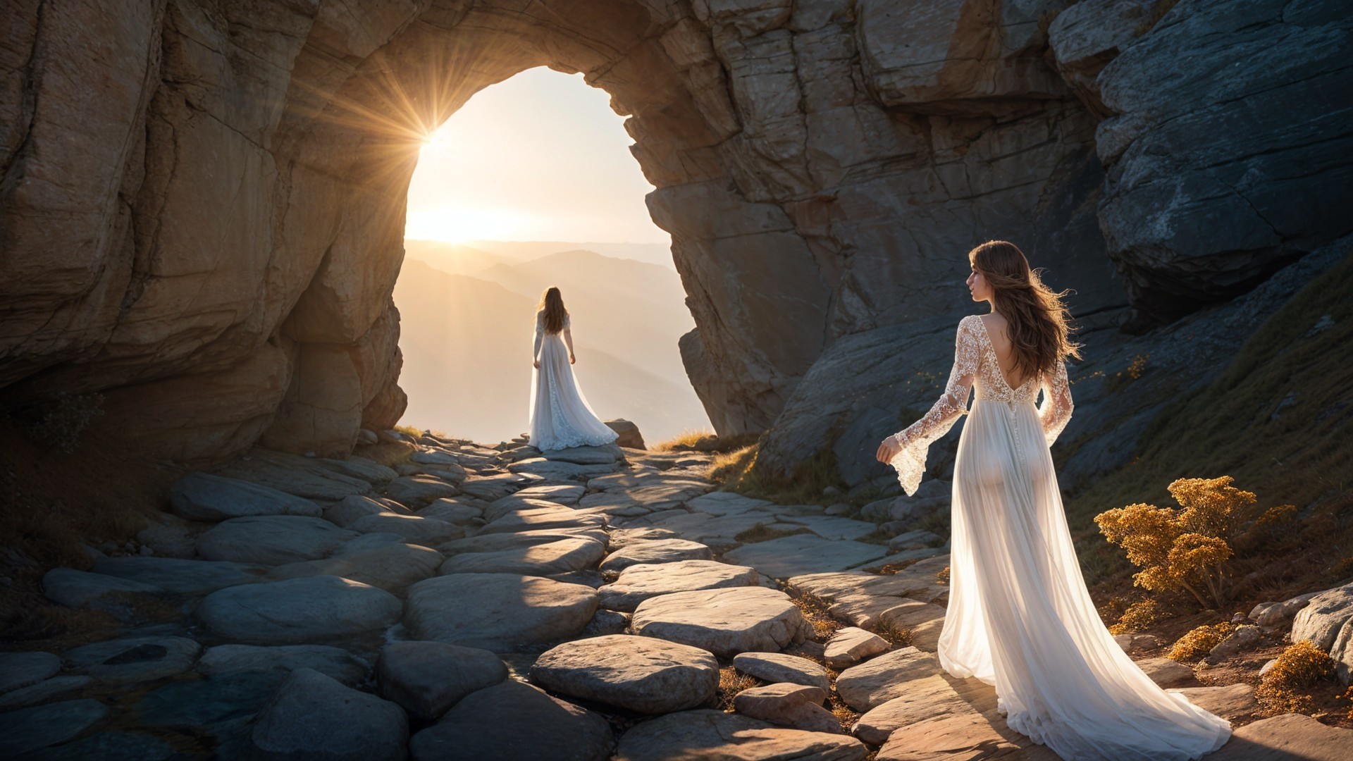 Figures in White Dresses Walk Through Natural Archway