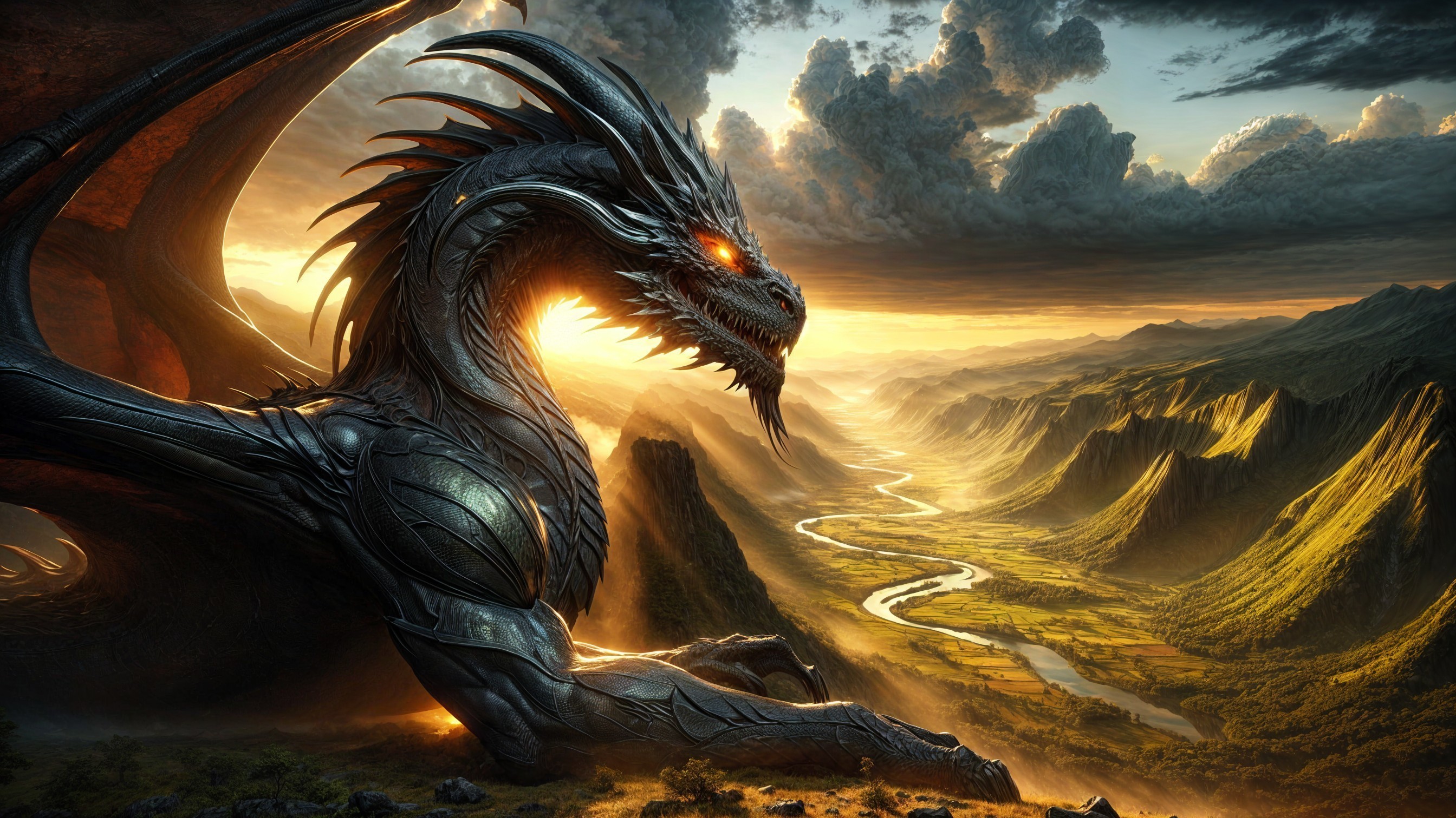 Majestic black dragon overlooking a picturesque valley