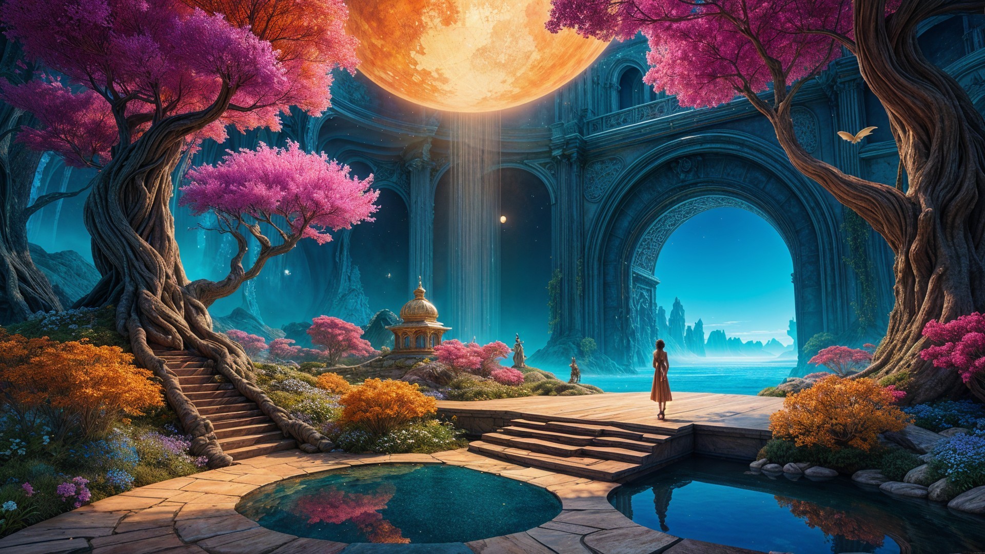 Fantastical landscape with vibrant trees and moonlit pool