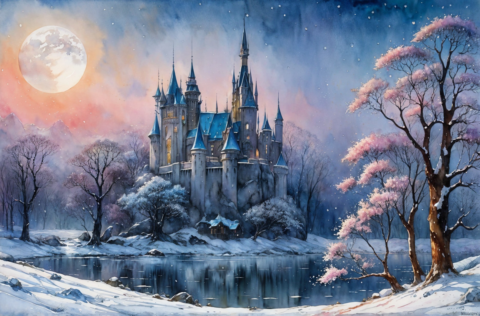 Majestic castle in serene winter landscape at twilight